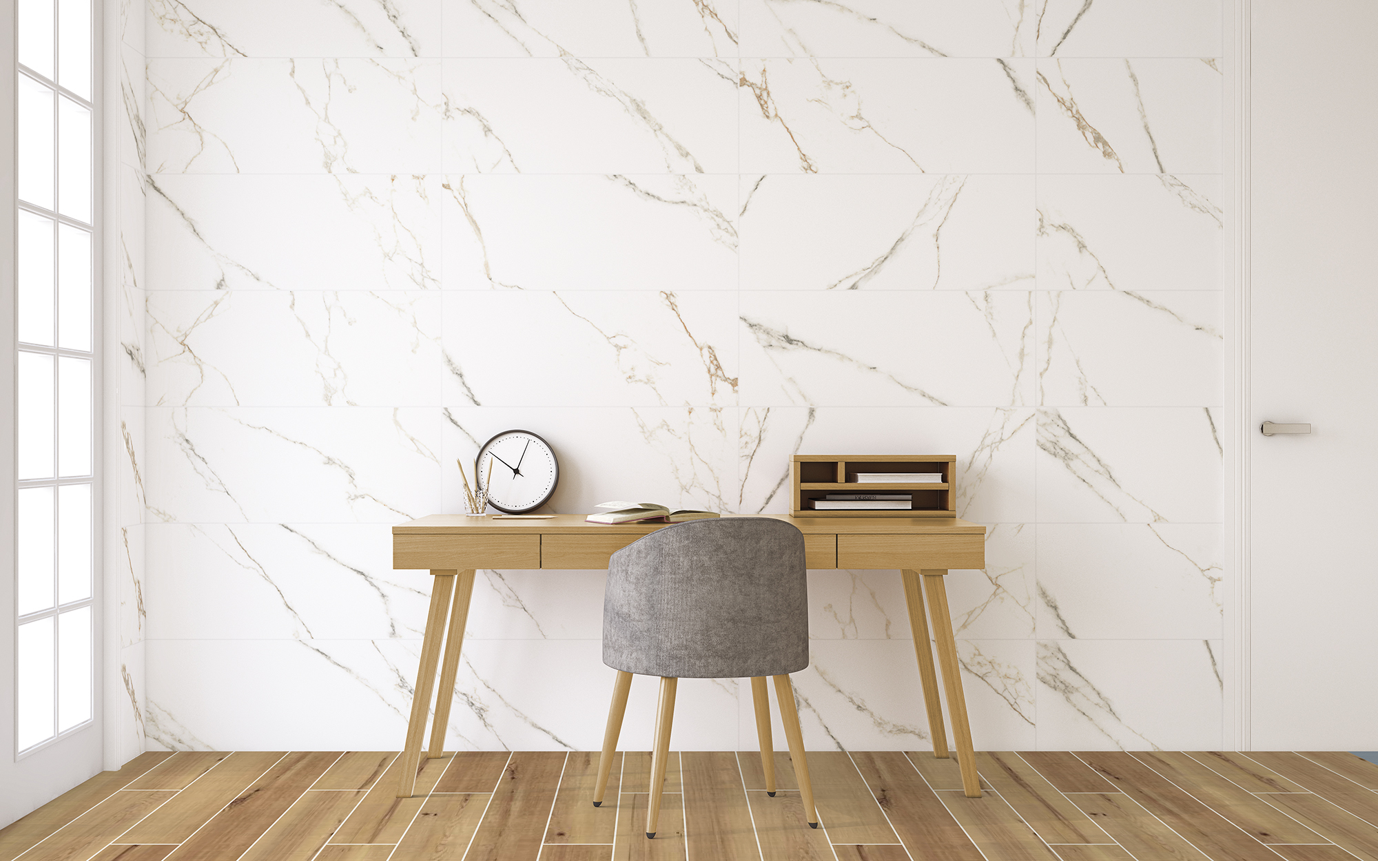 Colección Calacatta Gold, porcelánico con vetas doradas inspiradas en mármol